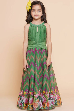 Girl's Green Zig Zag Flower Digital Printed Silk Dress