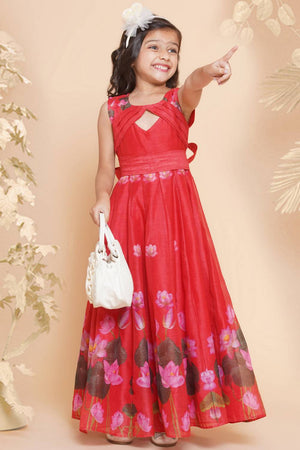 Girl's Red Floral Printed Silk Dress
