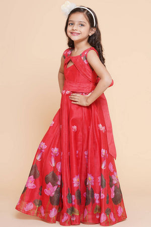 Girl's Red Floral Printed Silk Dress