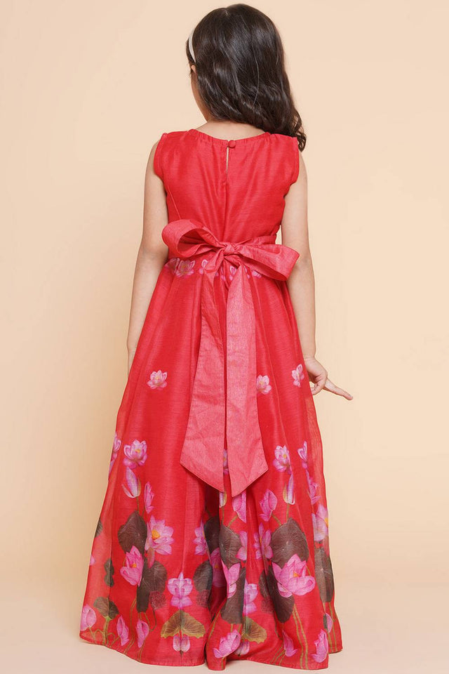 Girl's Red Floral Printed Silk Dress