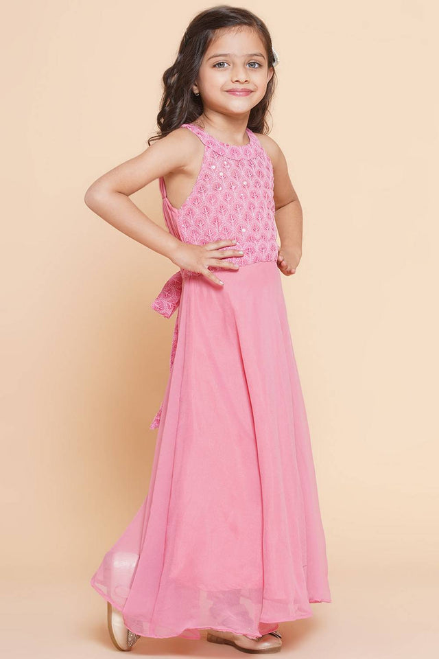 Girl's Pink Sequin With Embroidered Georgette Dress