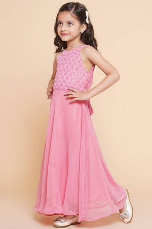 Girl's Pink Sequin With Embroidered Georgette Dress