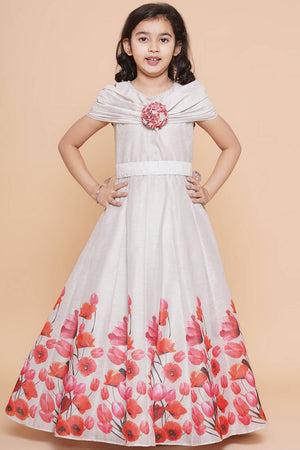 Girl's White Floral Printed Cotton Dress