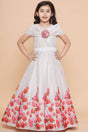 Girl's White Floral Printed Cotton Dress