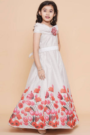 Girl's White Floral Printed Cotton Dress