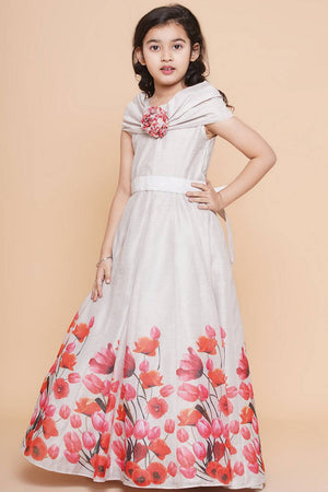 Girl's White Floral Printed Cotton Dress