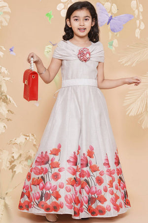 Girl's White Floral Printed Cotton Dress