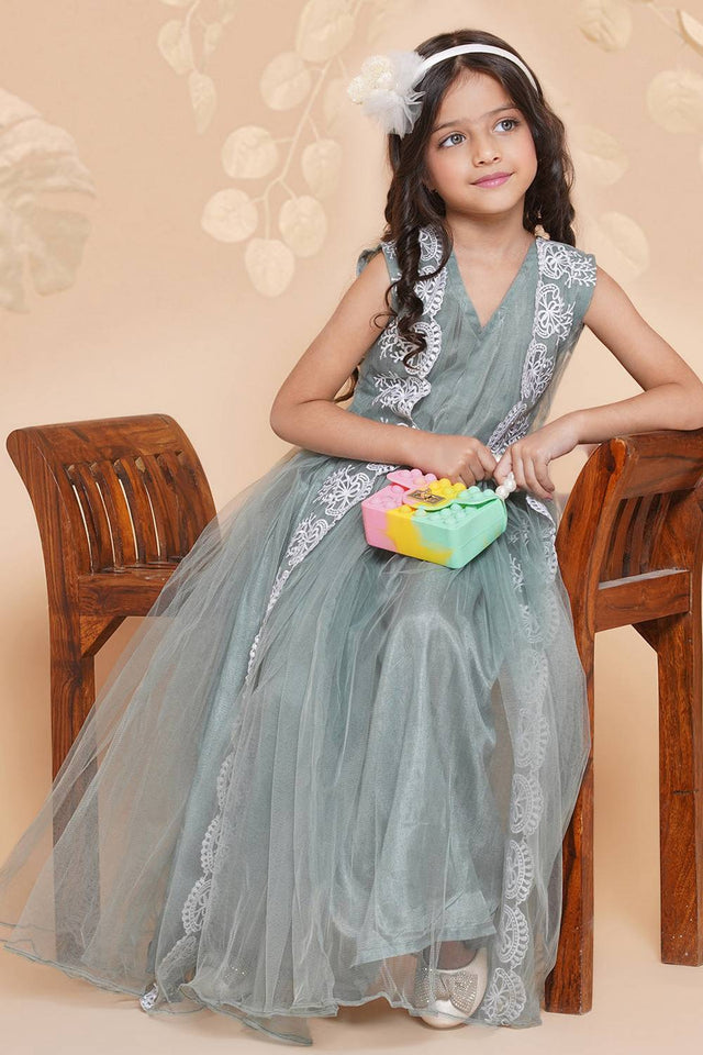 Girl's Green Embroidered Polyester Gown