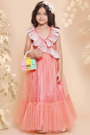 Girl's Peach Embroidered Polyester Gown