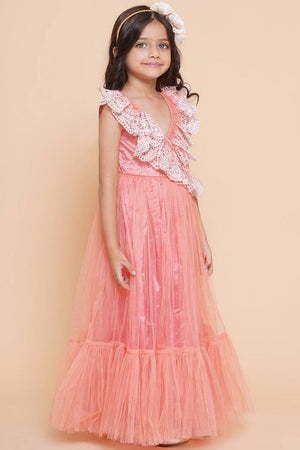 Girl's Peach Embroidered Polyester Gown
