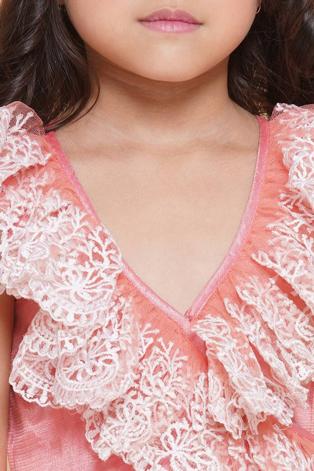 Girl's Peach Embroidered Polyester Gown