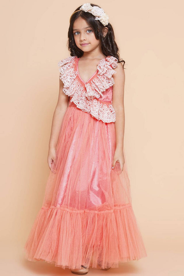 Girl's Peach Embroidered Polyester Gown