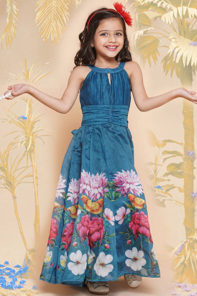 Girl's Turquoise Floral Printed Silk Dress