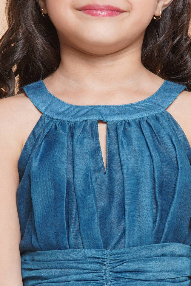 Girl's Turquoise Floral Printed Silk Dress