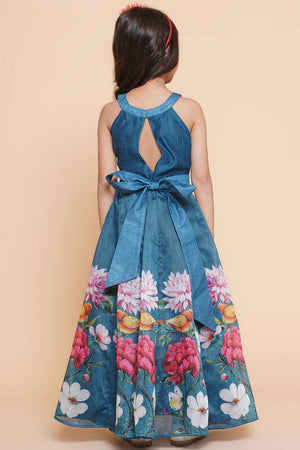 Girl's Turquoise Floral Printed Silk Dress