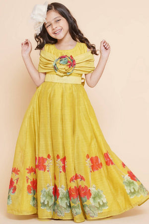 Girl's Yellow Floral Printed Cotton Dress