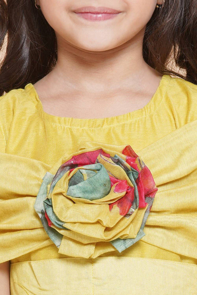 Girl's Yellow Floral Printed Cotton Dress