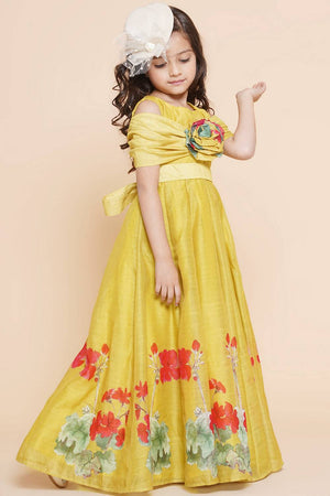 Girl's Yellow Floral Printed Cotton Dress