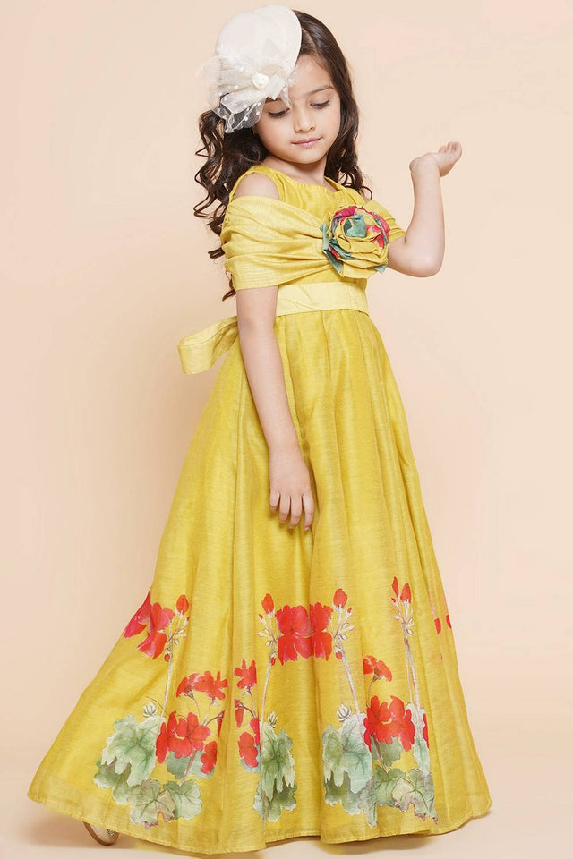 Girl's Yellow Floral Printed Cotton Dress
