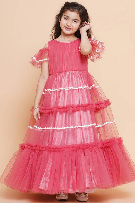 Girl's Peach Solid Flared Net Flared Dress