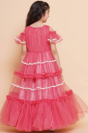 Girl's Peach Solid Flared Net Flared Dress