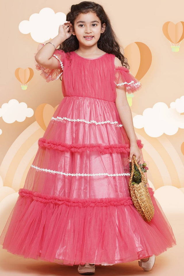 Girl's Peach Solid Flared Net Flared Dress
