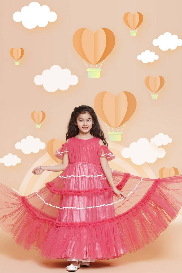 Girl's Peach Solid Flared Net Flared Dress