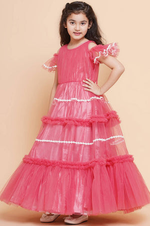 Girl's Peach Solid Flared Net Flared Dress