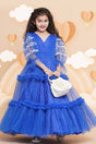 Girl's Blue Solid Flared Net Flared Dress