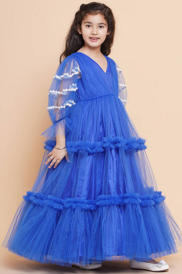 Girl's Blue Solid Flared Net Flared Dress