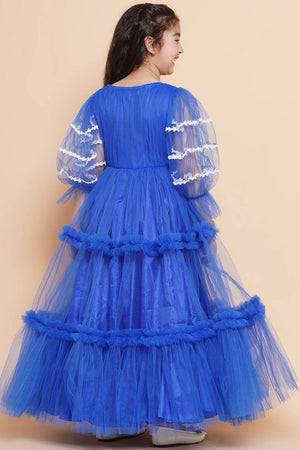 Girl's Blue Solid Flared Net Flared Dress
