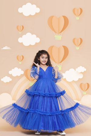 Girl's Blue Solid Flared Net Flared Dress