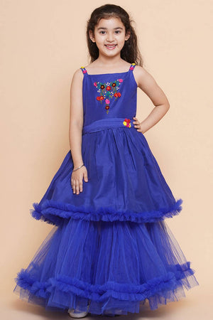 Girl's Blue Embroidered Polyester Dress