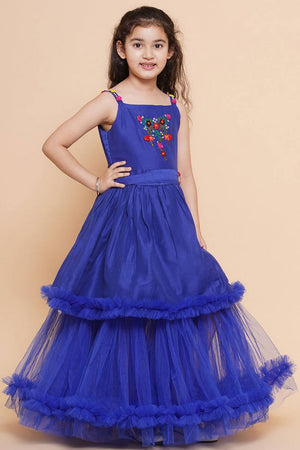 Girl's Blue Embroidered Polyester Dress