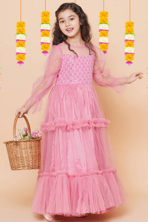 Girl's Pink Sequence With Embroidered Polyester Gown