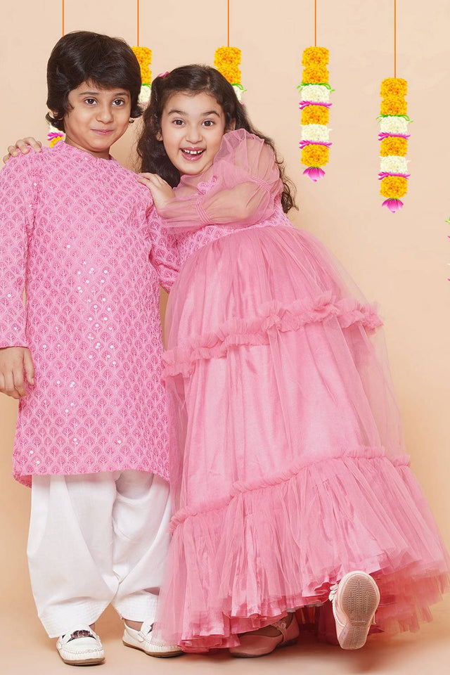 Girl's Pink Sequin With Embroidered Polyester Gown