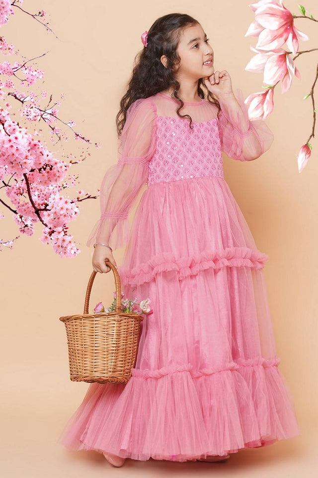 Girl's Pink Sequin With Embroidered Polyester Gown