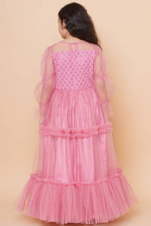 Girl's Pink Sequin With Embroidered Polyester Gown
