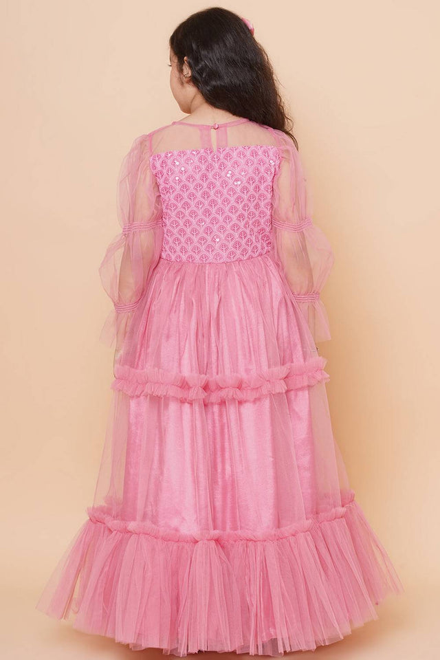 Girl's Pink Sequin With Embroidered Polyester Gown