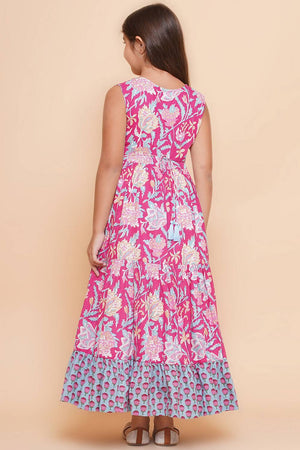 Girl's Multi-Color Floral Printed Cotton Dress