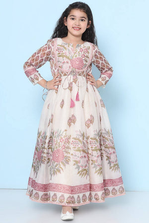 Girl's White Floral Printed Silk Dress