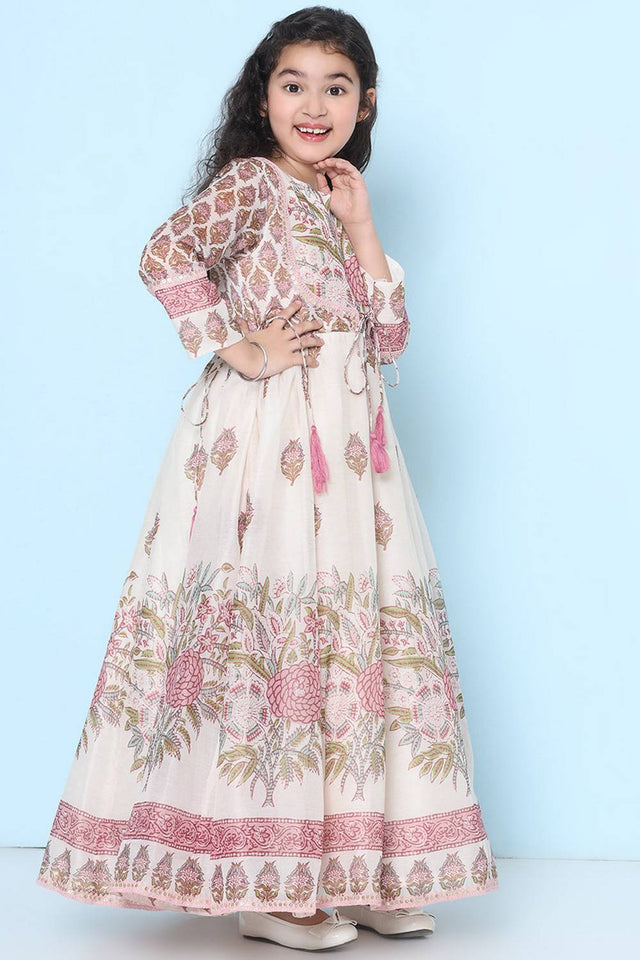 Girl's White Floral Printed Silk Dress (N2ZBDRS044)