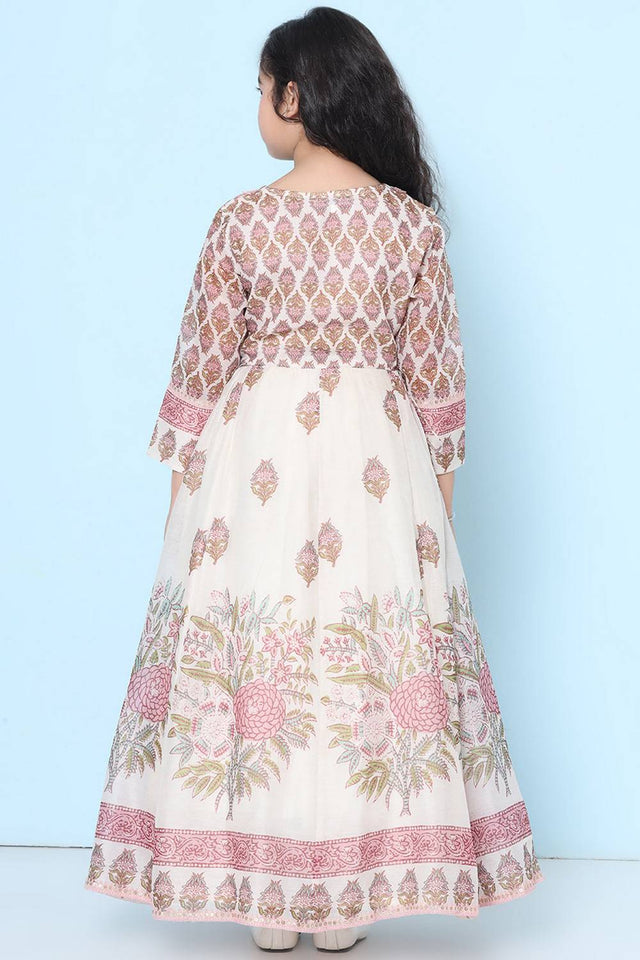 Girl's White Floral Printed Silk Dress (N2ZBDRS044)