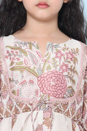 Girl's White Floral Printed Silk Dress (N2ZBDRS044)