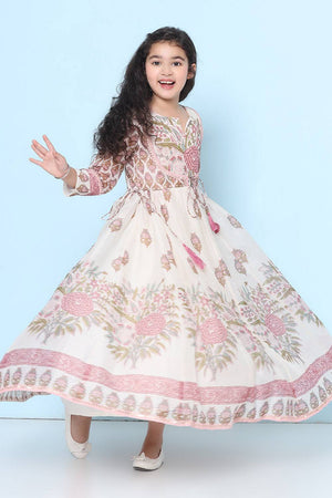 Girl's White Floral Printed Silk Dress (N2ZBDRS044)