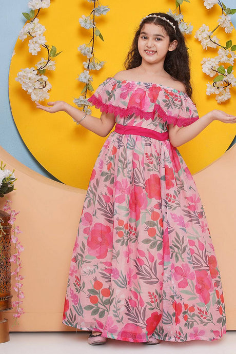 Girl's Pink Floral Printed Silk Dress
