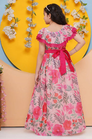Girl's Pink Floral Printed Silk Dress