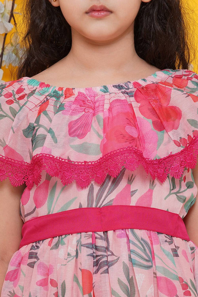 Girl's Pink Floral Printed Silk Dress