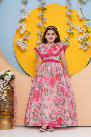 Girl's Pink Floral Printed Silk Dress