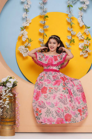 Girl's Pink Floral Printed Silk Dress